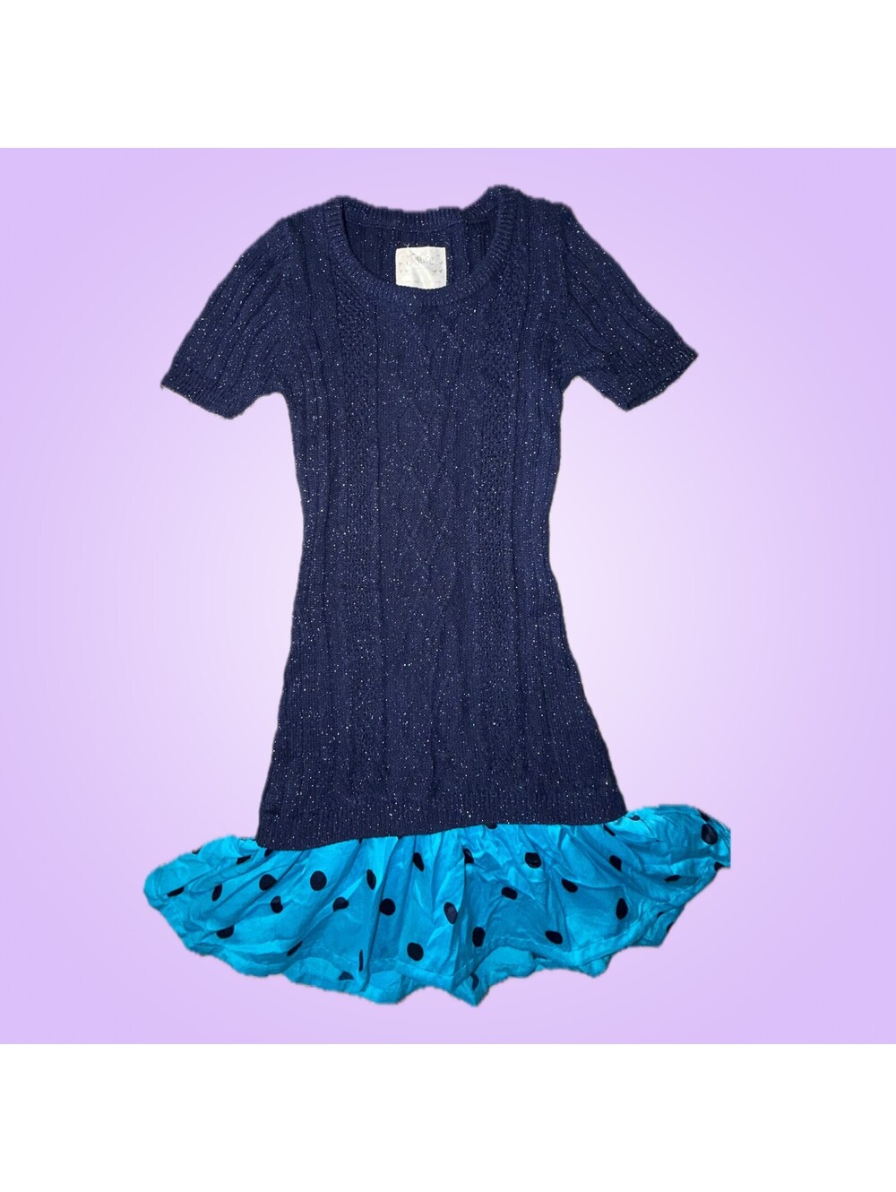 Justice Girls Size 12 Navy Sparkle Cable Knit Polka Dot Ruffle Sweater Dress